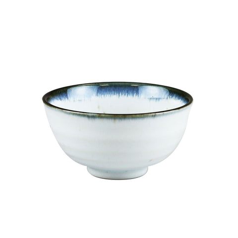 Shirokinyo Ivory Speckled Rice Bowl Chawan with Indigo Rim 13.5 fl oz / 4.96