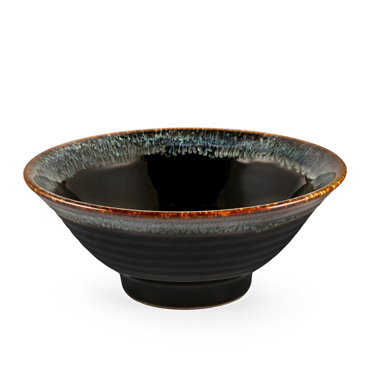 Glossy Black Noodle Bowl with Blue Trim 33 fl oz