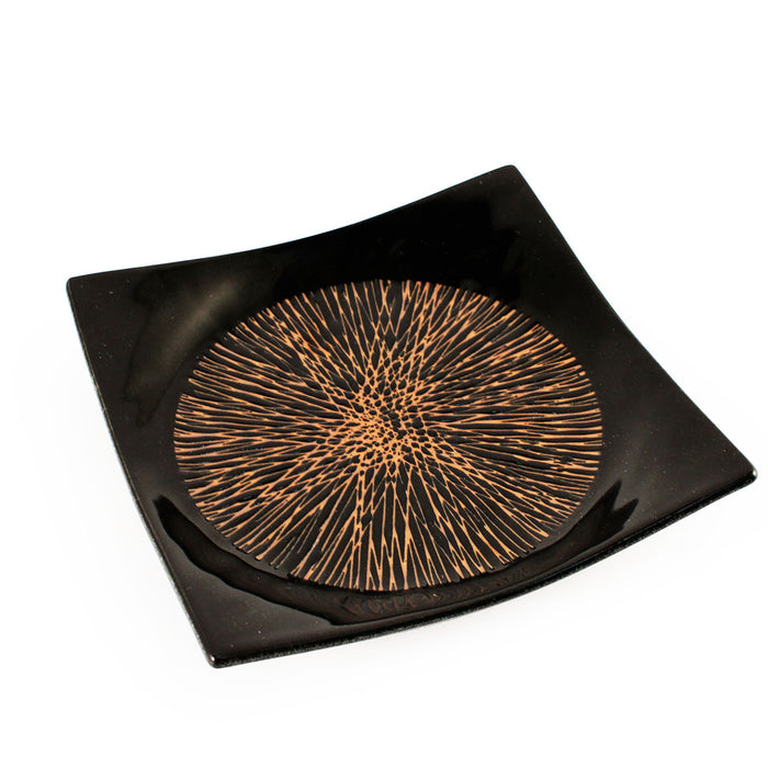 Tenmoku Black Square Plate with Radial Lines 7.1" x 7.1"